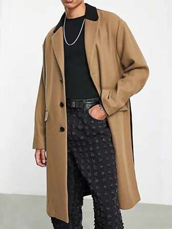 Manfinity Hypemode 1pc Loose Fit Men's Overcoat With Contrast Collar And Flap Detail
