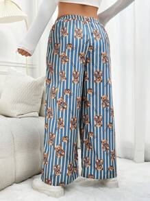 SHEIN EZwear Plus Size Cute Bear, Striped & Printed Pants - Multicolor - View 5