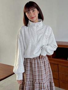 FRIFUL Letter Embroidery Half Zip Drop Shoulder Sweatshirt - Grey - View 4