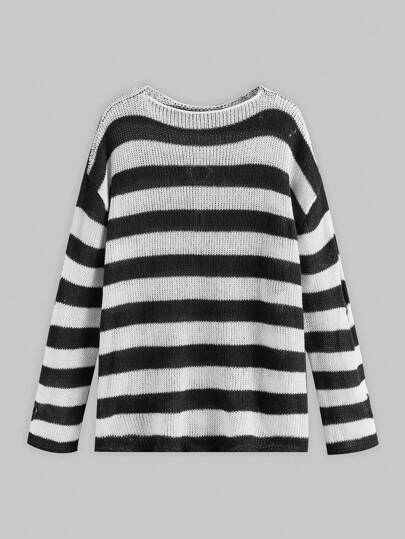 Goth Suéter holgado con rayas y patrón cruzado, talla grande, para la escuela