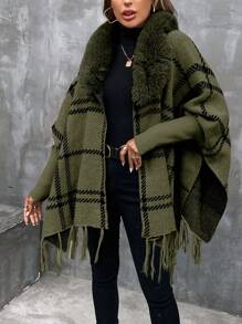 SHEIN Clasi 格紋邊角釦領休閒針織外套 - 軍綠色 - 查看 3