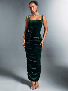 SHEIN BAE 方領褶皺天鵝絨緊身連衣裙, 不含手套 - 墨綠色 - 查看 3