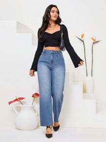 SHEIN Privé 直腳牛仔褲 - 中等水洗藍 - 查看 5