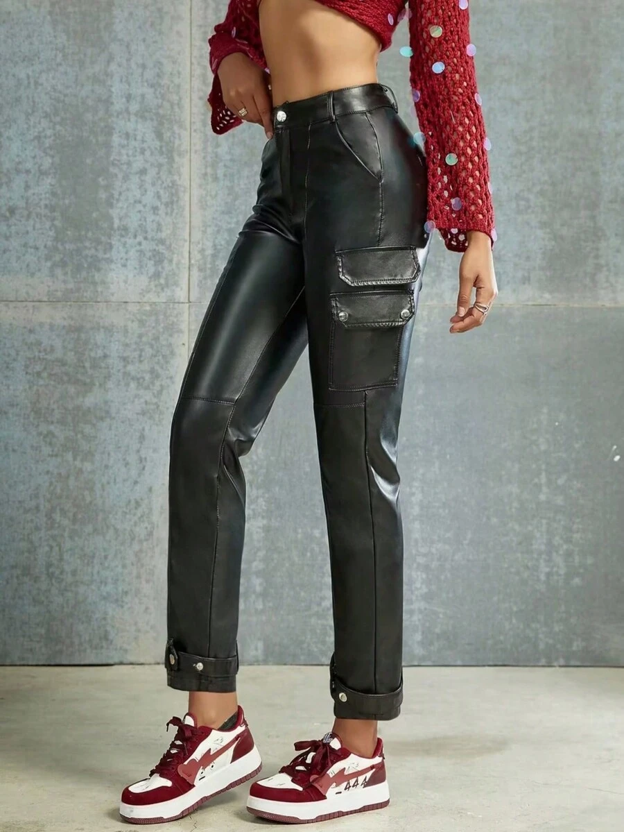 街頭高腰帶蓋口袋 Pu 皮革工裝九分褲