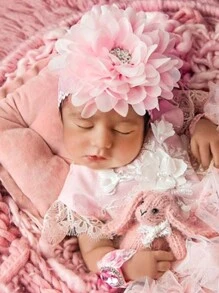 Beborn Baby Girl Rhinestone Decor Lace Socks & Headband Photography Set - Pink - View 2