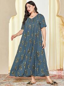 Al Najma Plus Size Short Sleeve Floral Print Dress - Blue - View 4