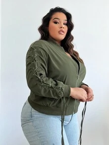 SHEIN SXY 大尺碼側邊鞋帶細節拉鍊夾克 - 軍綠色 - 查看 4