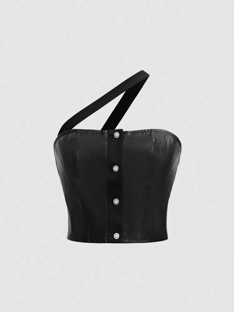 Women's Black Leather Camisole Top, Decorated With Rhinestones And Pearls Button