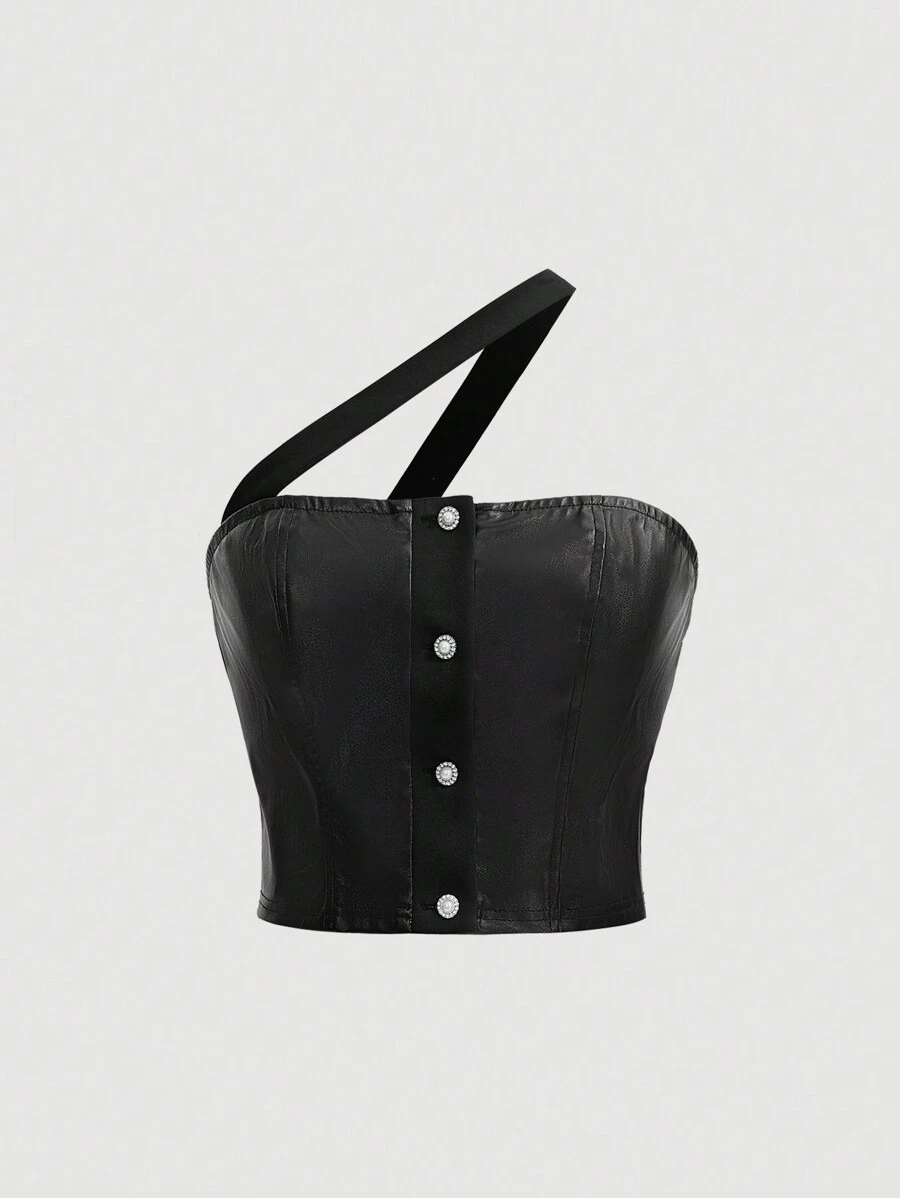 SHEIN MOD Của phụ nữ Da đen Áo ba lỗ Áo , Trang trí Với Kim cương giả Và Ngọc trai Nút - màu đen - Xem 1