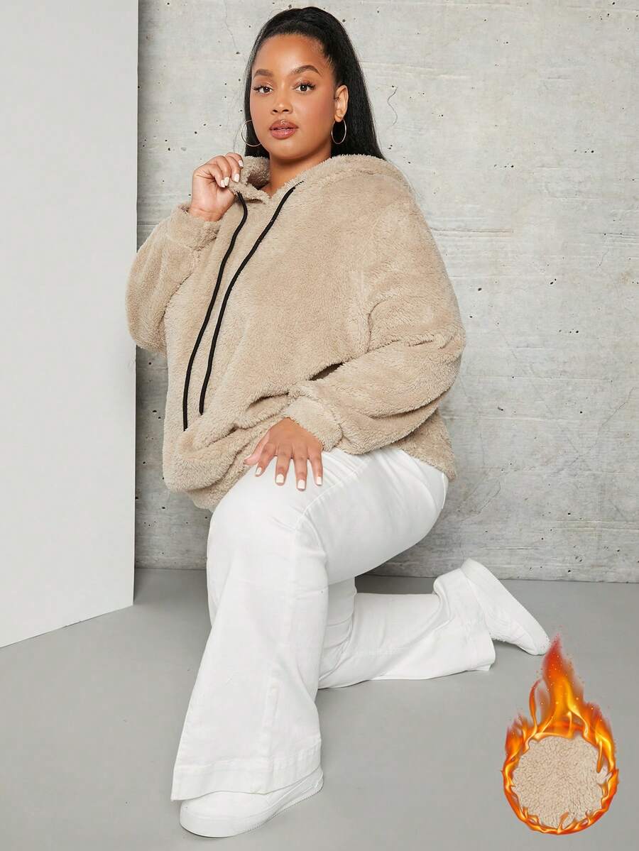 SHEIN CURVE+ Sudadera tipo teddy con cordón para tallas grandes - Albaricoque - Ver 1