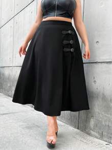 Flirla 時尚高開叉超長半身裙 - 黑色 - 查看 1