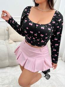 SHEIN EZwear Hơn In Anh đào Scoop Cổ Áo phông Crop - Nhiều màu - Xem 1