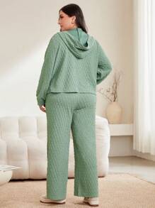 Mulvari Women's Plus Size Solid Color Zip Front Hooded Jacket And Wide Leg Pants Two-Piece Set 2 Piece Set