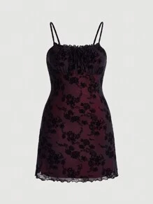 SHEIN MOD Plus Ruched Bust Lettuce Edge Floral Mesh Overlay Cami Dress - Red - View 1