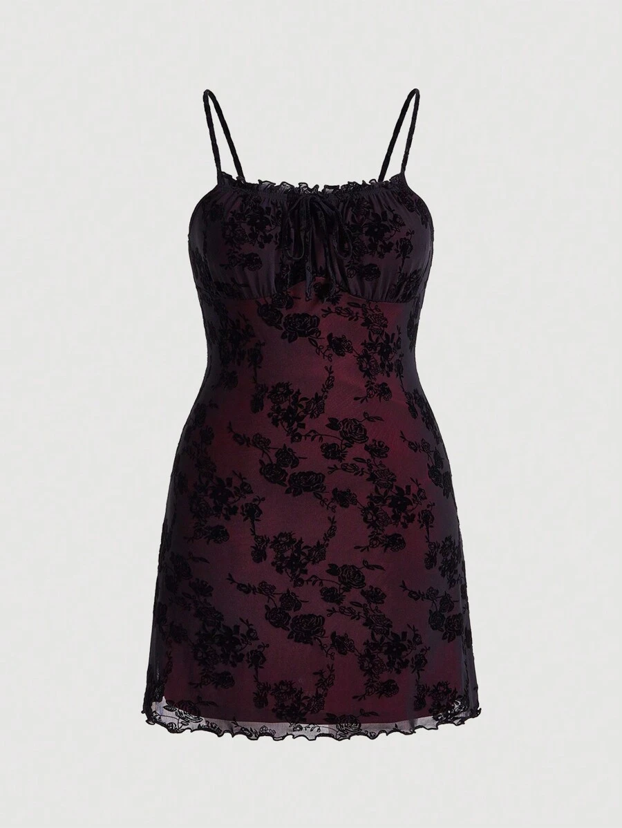 SHEIN MOD Plus Ruched Bust Lettuce Edge Floral Mesh Overlay Cami Dress - Red - View 1