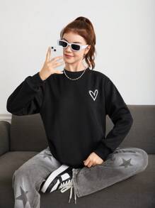 Teen Girl Heart Print Drop Shoulder Sweatshirt - Black - View 1