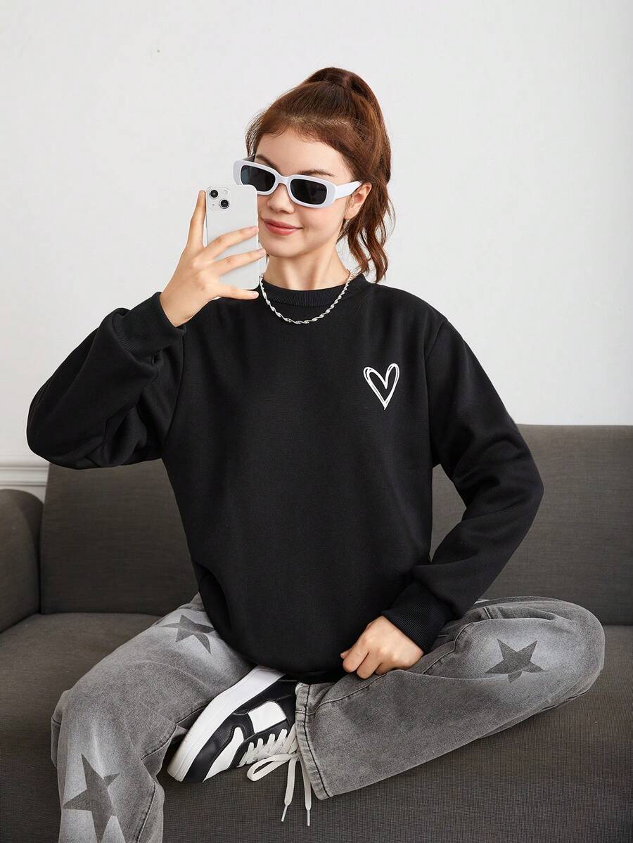 Teen Girl Heart Print Drop Shoulder Sweatshirt - Black - View 1