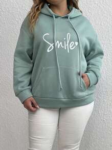 SHEIN LUNE Plus Size Letter Graphic Kangaroo Pocket Drop Shoulder Drawstring Sweatshirt Thermal - Green - View 6