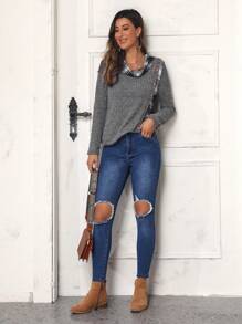 SHEIN LUNE Jeans ajustados de talle alto desgarro con abertura - Azul - Ver 1