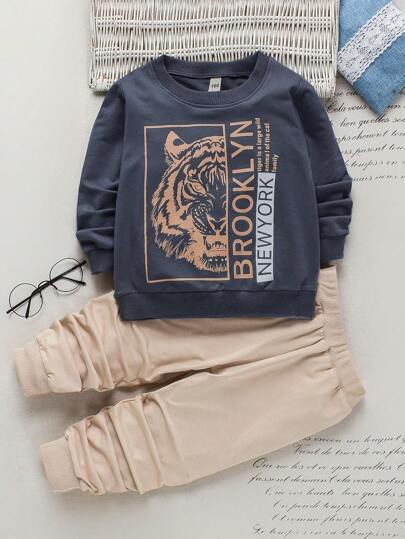 SHEIN Young Boy Tiger And Slogan Graphic Sweatshirt & Sweatpants
