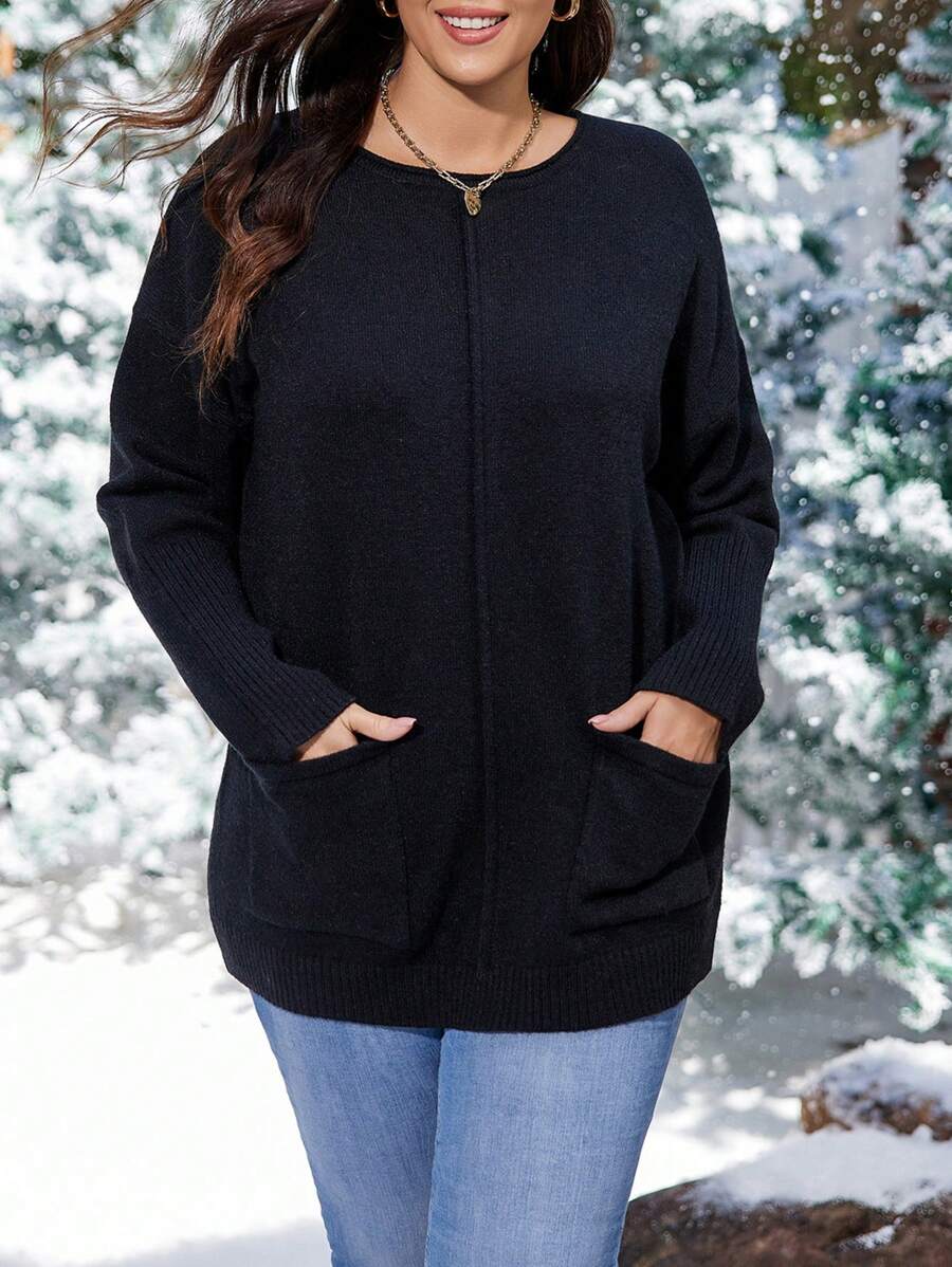 SHEIN LUNE Plus Drop Shoulder Pocket Patched Sweater - Black - View 1