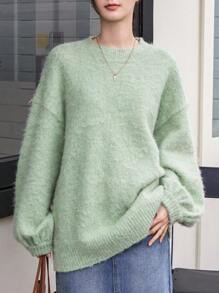 FRIFUL 女式后开衩落肩毛绒针织毛衣，秋季女装 - 綠色 - 查看 4