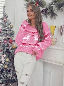 EMERY ROSE Christmas Printed Drop-Shoulder Sweater Pullover,Long Sleeve Tops Knit Pullover Fall Winter Outfit - Pink - View 4