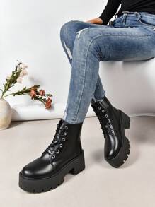 大码女式时尚舒适休闲侧拉链系带西式切尔西复古高跟厚底靴 - 黑色 - 查看 6