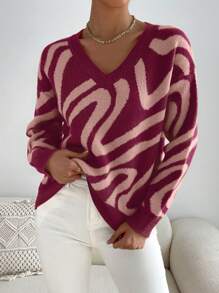 SHEIN Essnce Allover Pattern Drop Shoulder Sweater - Rose Red - View 3