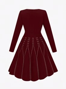 SHEIN Clasi Plus Geo Pattern Flare Hem Sweater Dress - Burgundy - View 2