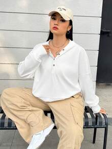 SHEIN EZwear Áo nỉ cỡ lớn cài nửa tay, vai rớt - trắng - Xem 3