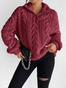 SHEIN Frenchy Cable Knit Drop Shoulder Half Zip Hoodie,Long Sleeve Tops In Fall/Winter - Burgundy - View 3