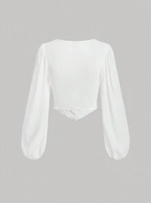 SHEIN MOD 甜心領抽褶胸部燈籠袖短款上衣 - 白色 - 查看 2