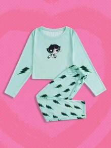 The Powerpuff Girls | ROMWE Women's Cartoon Printed Pajama Set - Green - View 1