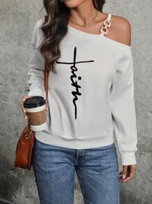 EMERY ROSE 女士字母印花不对称领口运动衫 - 白色 - 查看 4