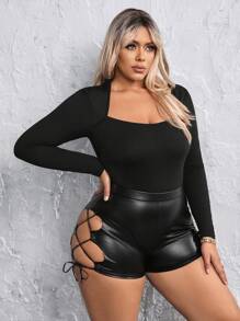 SHEIN SXY 加大尺寸貼身高領長袖連體衣 - 黑色 - 查看 3