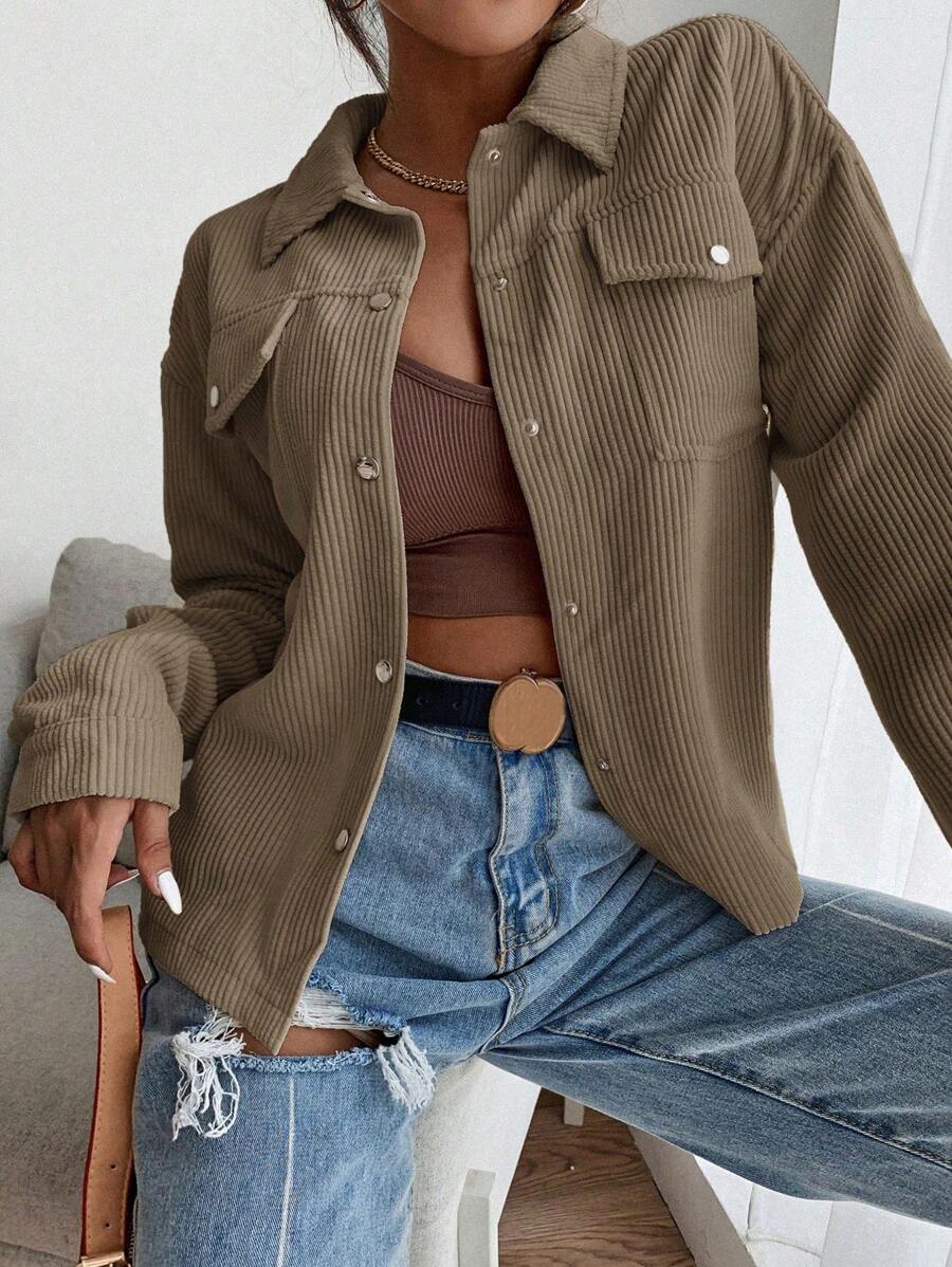 SHEIN EZwear 秋冬翻盖口袋落肩灯芯绒夹克 - 咖啡棕 - 查看 1