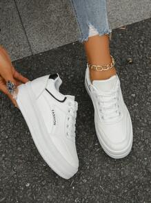 女性時尚圓頭校園風運動鞋,厚底設計,綁帶,增高休閒運動鞋 - 白色 - 查看 2