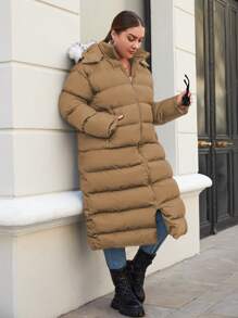 RueChic Kích thước lớn Trang trí Fuzzy Dây kéo áo có mũ Áo khoác Phồng - Lạc đà - Xem 3