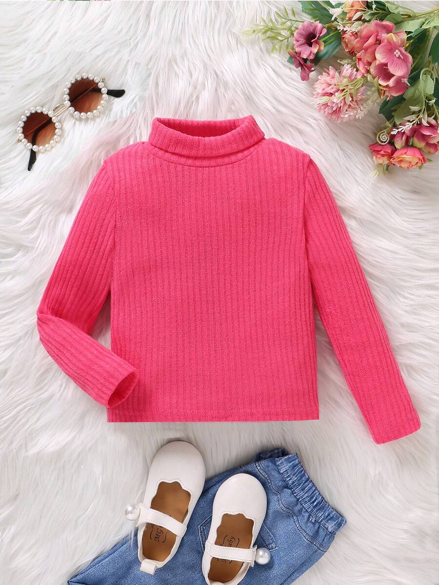 SHEIN Chica Joven Camiseta cuello alto tejido de canalé - Rosa Fucsia - Ver 1