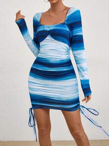 SHEIN Privé Ladies' Slim Fit Drawstring Side Pleated Dress With Square Neckline - Dusty Blue - View 6