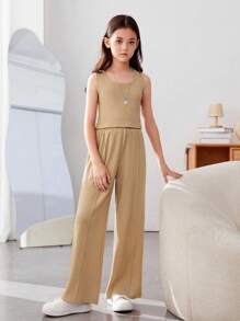 SHEIN Bé gái tuổi teen Thể thao Đường phố Đan Chất rắn Có màu sắc áo có mũ Bộ - Màu Khaki - Xem 6