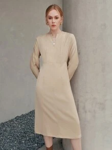 Anewsta 纯色缺口领收腰塑形优雅连衣裙长款女装 - 米色 - 查看 4