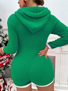 SHEIN SXY Christmas Fuzzy Hooded Romper - Green - View 2