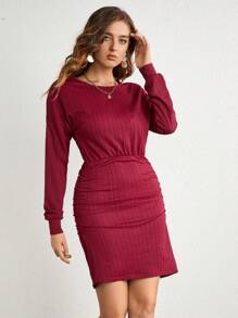SHEIN LUNE Chất rắn Thả vai Xù Váy bodycon - Đỏ - Xem 6