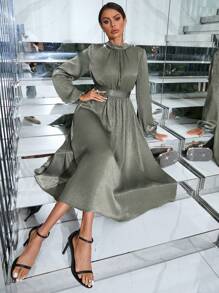 GENKIRA Mock Neck Lantern Sleeve Dress Without Belt - Army Green - View 3