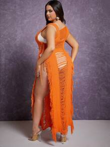 Hauture 大码流苏下摆系带针织连衣裙 - 橘色 - 查看 2
