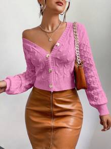 SHEIN Unity 女裝純色下肩釦前開衫毛衣 - 西瓜粉 - 查看 1