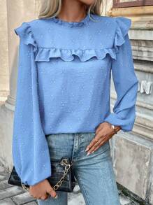 SHEIN Frenchy Của phụ nữ Ruffled Tay áo lồng đèn Áo sơ mi - Màu xanh nhạt - Xem 6