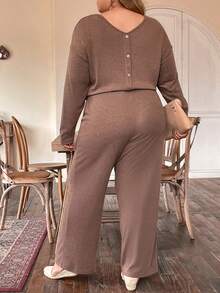 EMERY ROSE Women's Plus Size V-neck Drop Shoulder Two-piece Set - Rust Brown - View 2